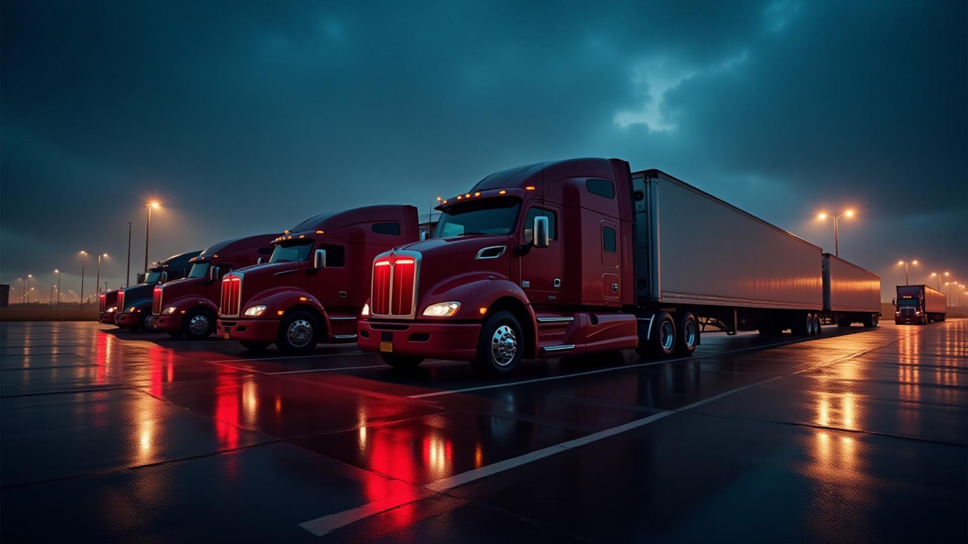 Panoramic view of the Tovar Trucking heavy-duty fleet in St. Peters, MO