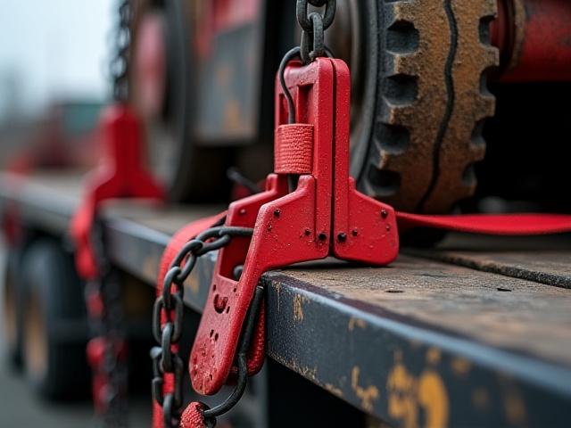 Close-up of industrial chains and red straps securing heavy machinery to a flatbed deck