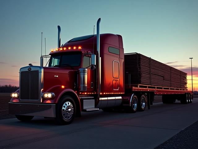 Heavy duty flatbed truck loaded with construction materials