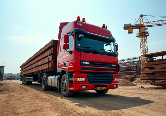 Flatbed trailer hauling structural steel beams to a bridge site