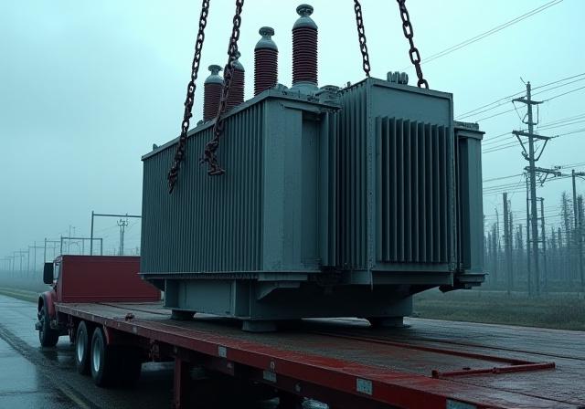 Heavy haul trailer carrying a massive power transformer