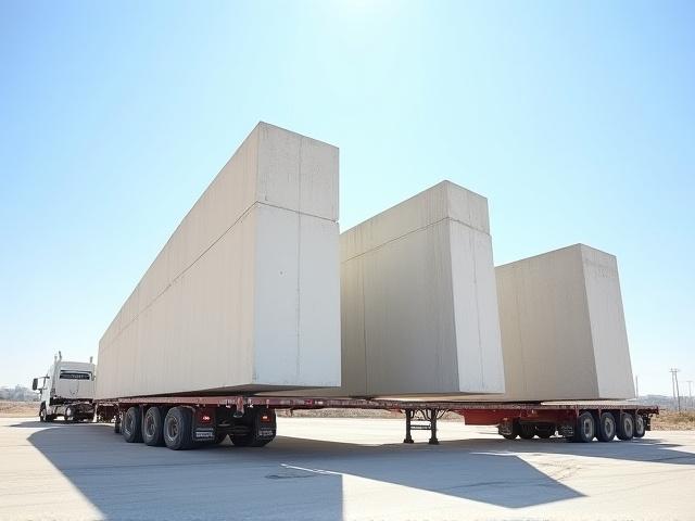 Precast concrete panels and bridge barriers being delivered
