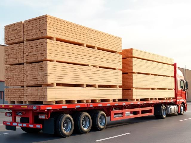 Palletized lumber and building supplies on a flatbed