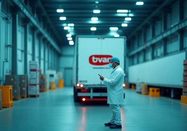 Modern pharmaceutical cold storage warehouse with medical scientists