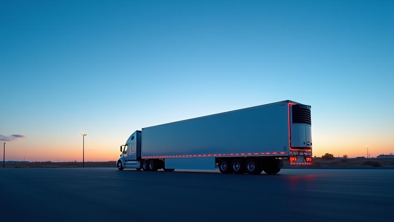 Modern Tovar reefer trailer unit operating at dusk